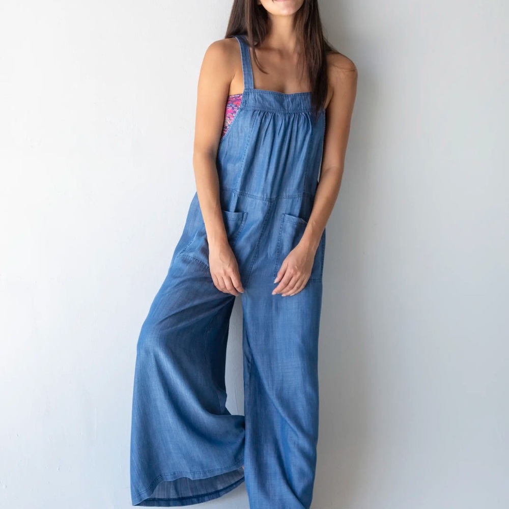 Natural Life Blue Denim Jumpsuit Outfit w/ Cropped Striped Long Sleeve Tee
